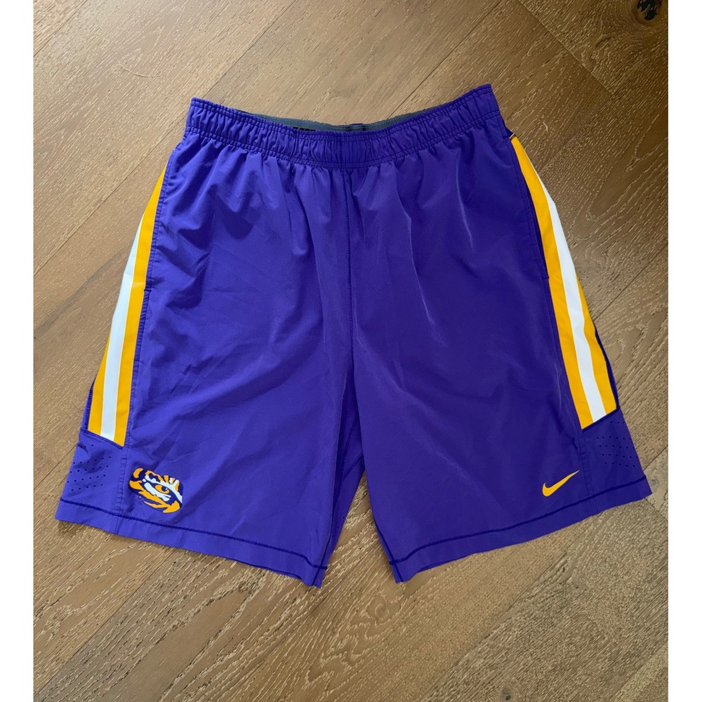 Nike LSU Tigers Mens XL Purple Athletic Training Shorts Gold Stripe NCAA Bball